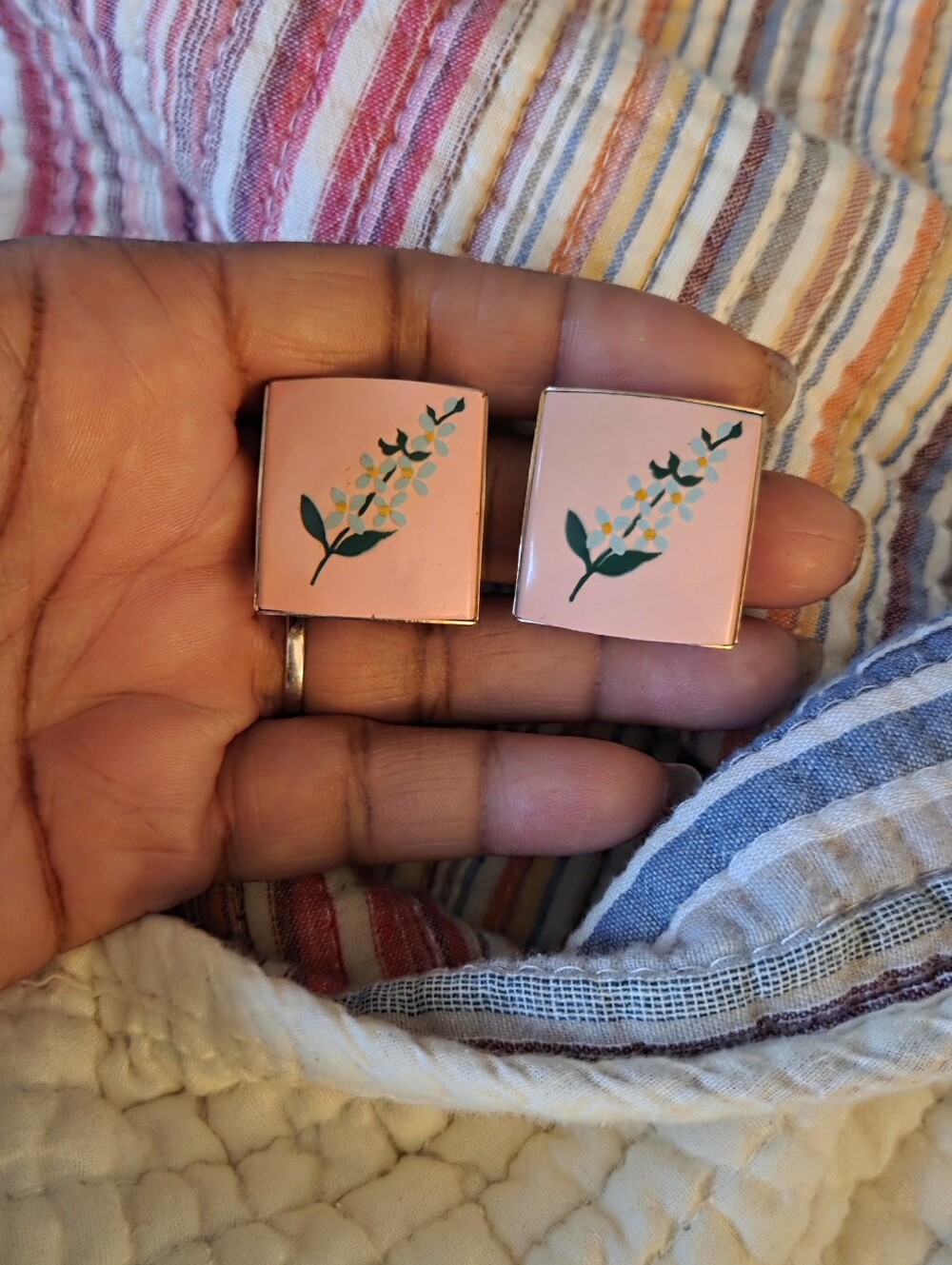 Pink Floral Square Enamel Clipon EARRINGS